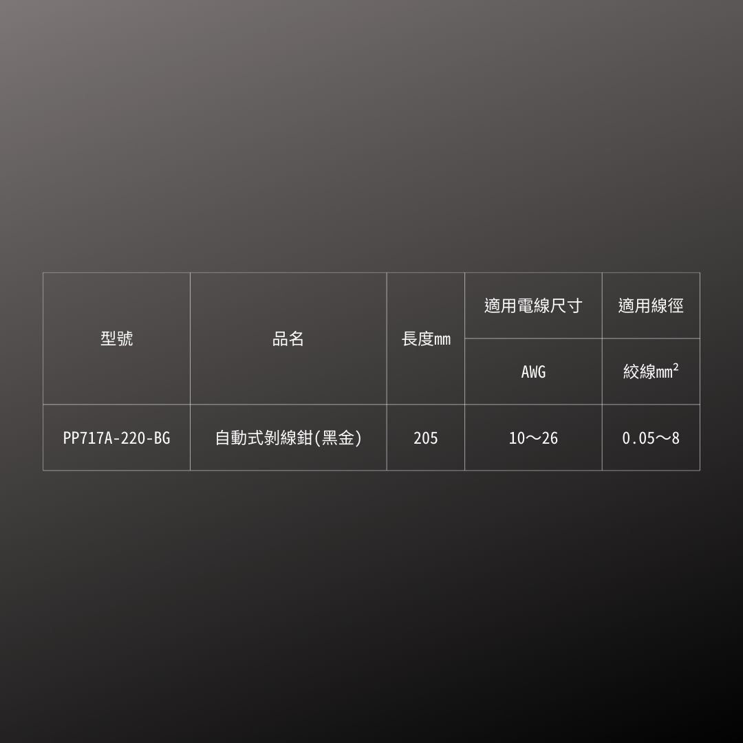 KUROKIN_自動式剝線鉗 黑金系列(PP717A-220-BG)_規格