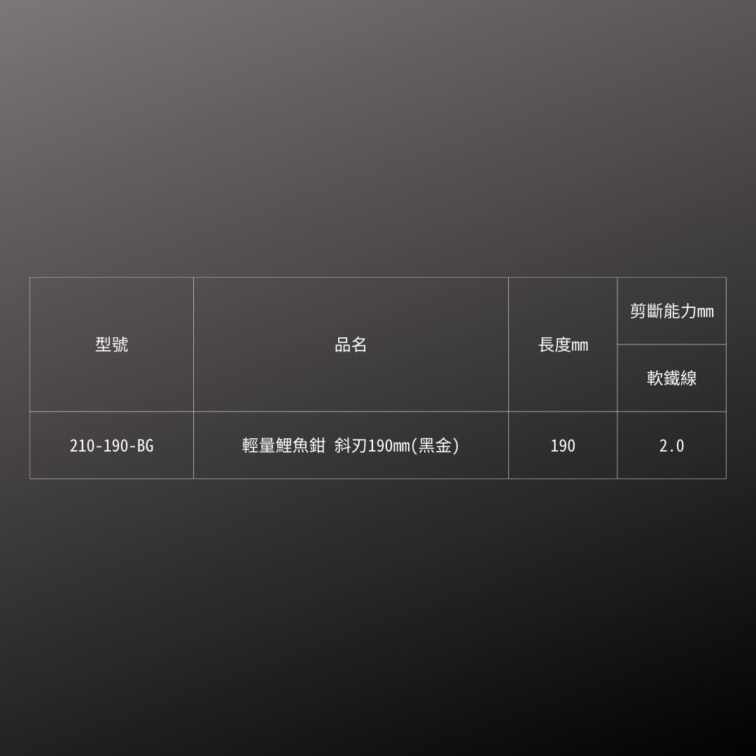 KUROKIN_超輕量鯉魚鉗 斜刃_190mm 黑金系列(210-190-BG)_規格