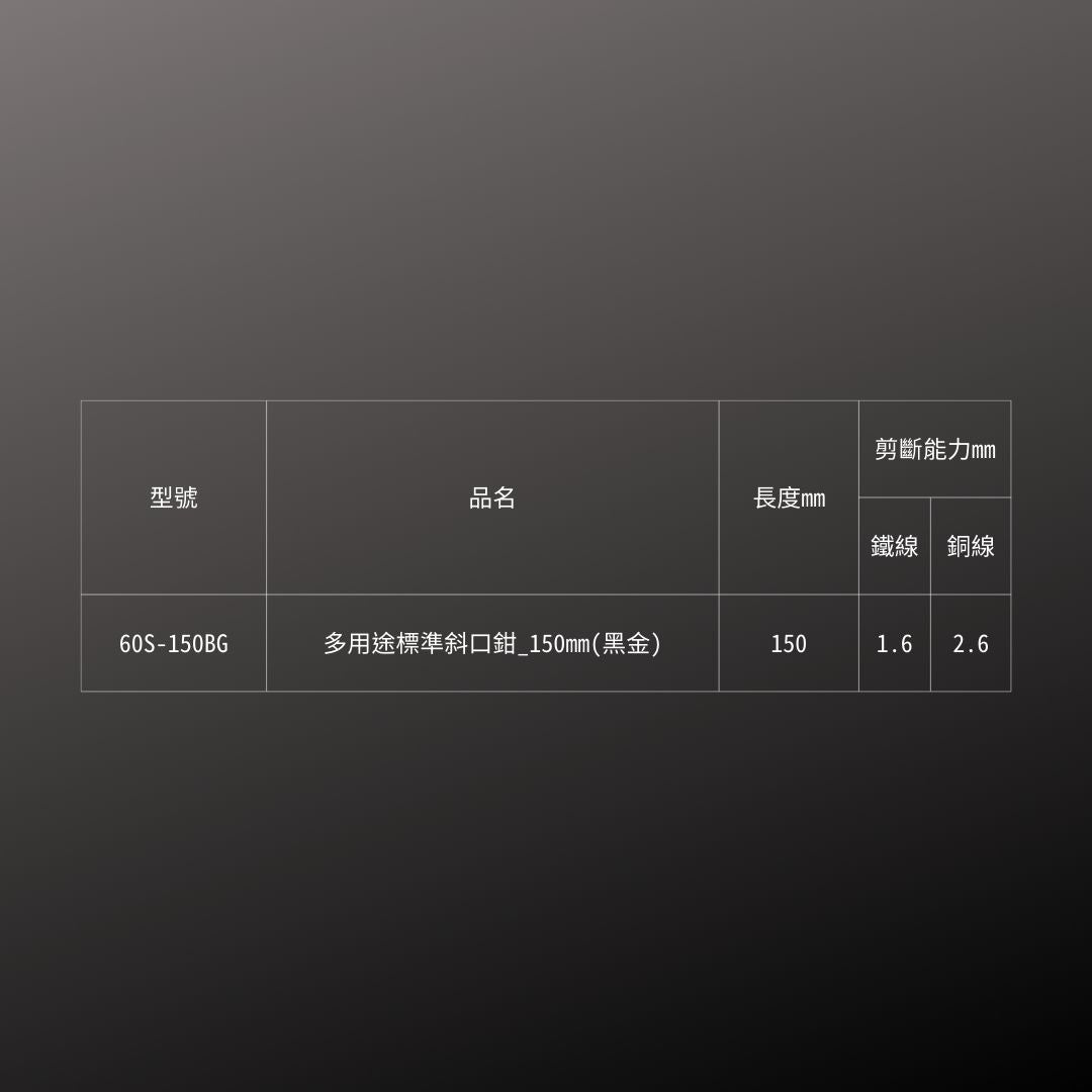 KUROKIN_多用途標準斜口鉗_150mm 黑金系列(60S-150BG)_規格