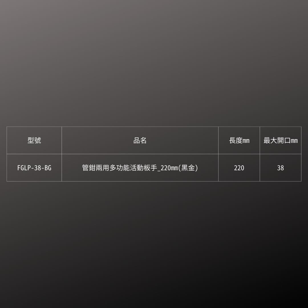 KUROKIN_管鉗兩用多功能活動板手_220mm 黑金系列(FGLP-38-BG)_規格