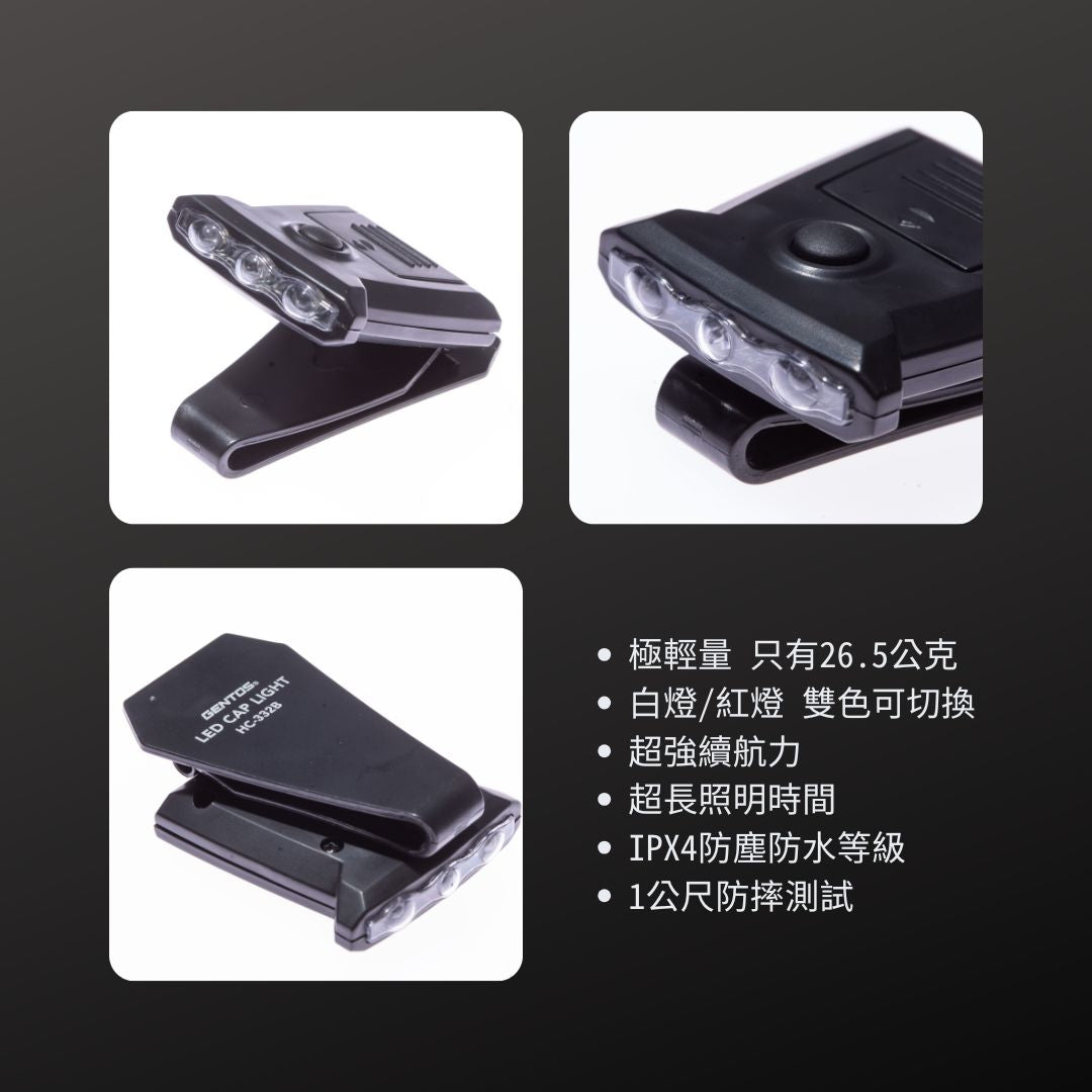 GENTOS_極輕專業夾帽燈 20流明 IPX4(HC-332B)_特色
