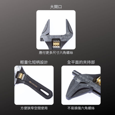 KUROKIN_全平面輕量大開口活動板手 短版 黑金系列(FTS-28-BG)_特色