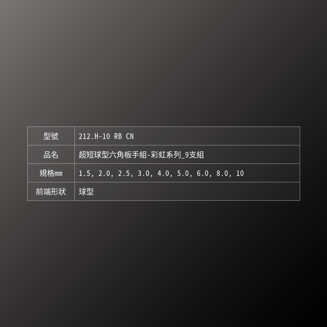 PB SWISS TOOLS_超短球型六角板手組-彩虹系列_9支組(PB_212.H-10 RB CN)_規格