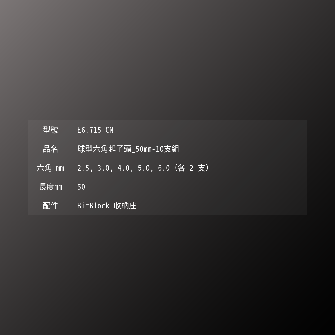 PB SWISS TOOLS_球型六角起子頭_50mm-10支組(PB_E6.715 CN)_規格